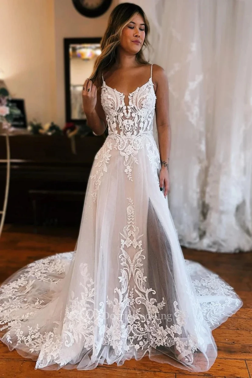 White Strapless Wedding Dress with Slit