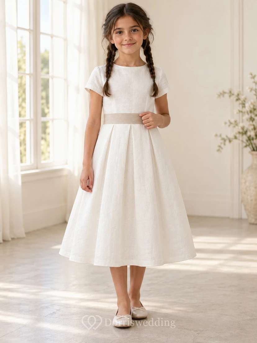 Simple Modest White Tea-length Short Sleeve Narrow Taupe Band Pleated Flower Girl Dress