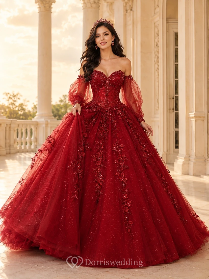 Rotes schulterfreies, langärmeliges, spitzenbesticktes Quinceañera-Ballkleid