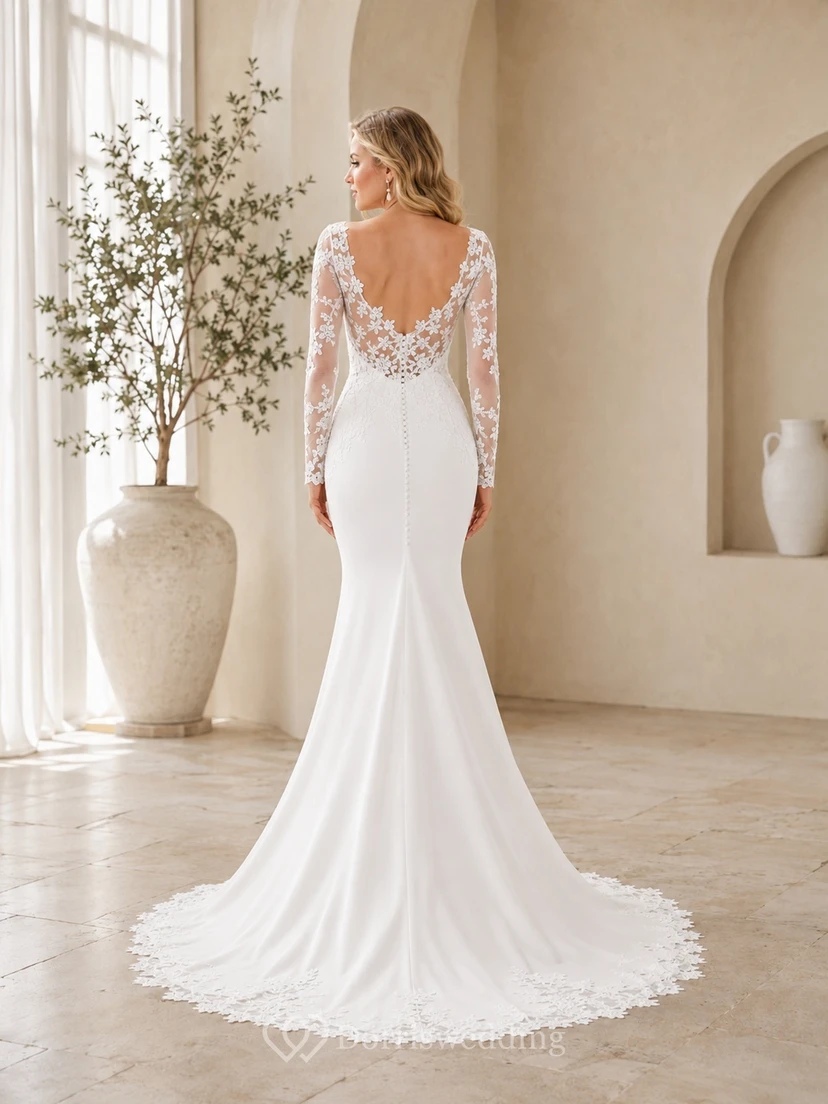 Romantisches Brautkleid aus Spitze mit herzförmigem Herzausschnitt, langen Ärmeln, Meerjungfrauen-Schleppe und Schleppe view 2