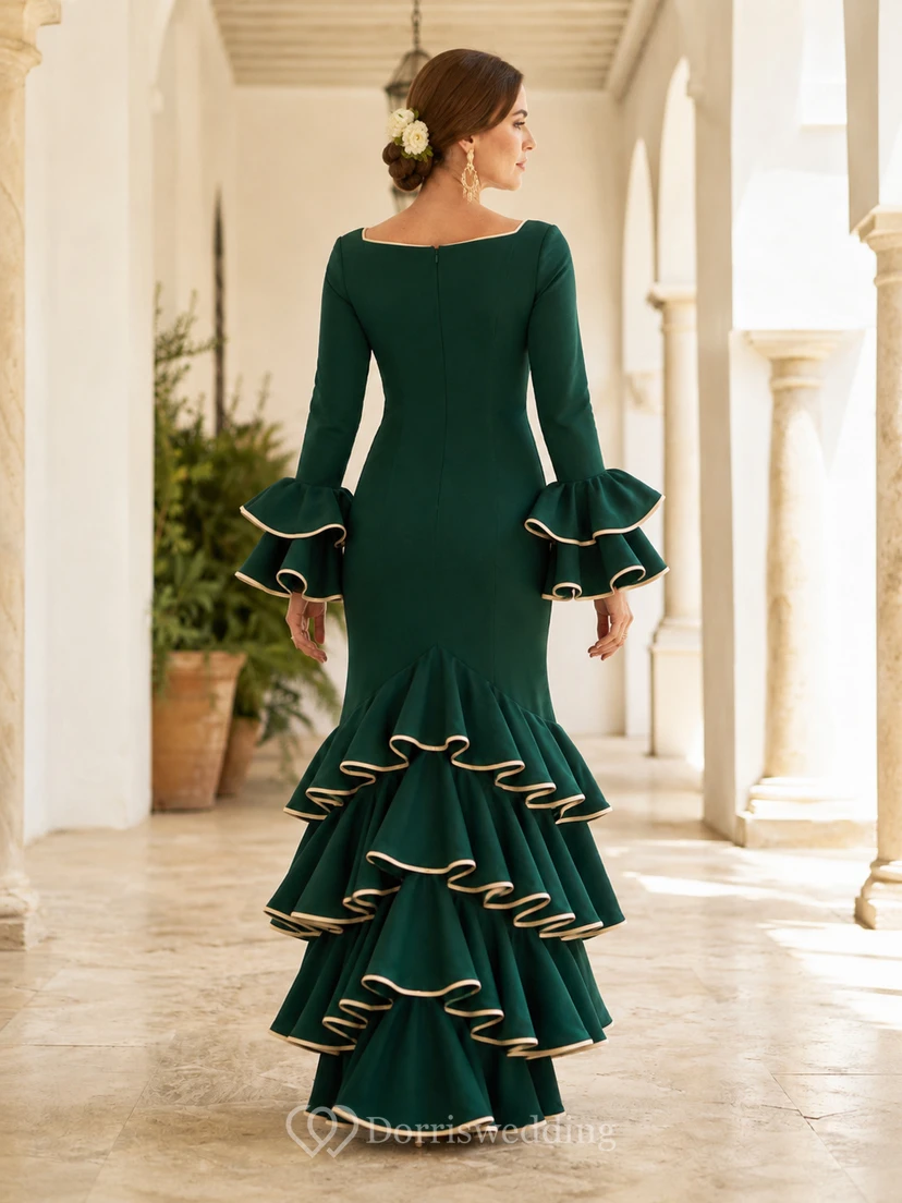 Dunkelgrünes, eckiges Ausschnitt-Meerjungfrauenkleid im Flamenco-Stil mit langen, gestuften Glockenärmeln und asymmetrischem Saum im Meerjungfrauenstil view 2