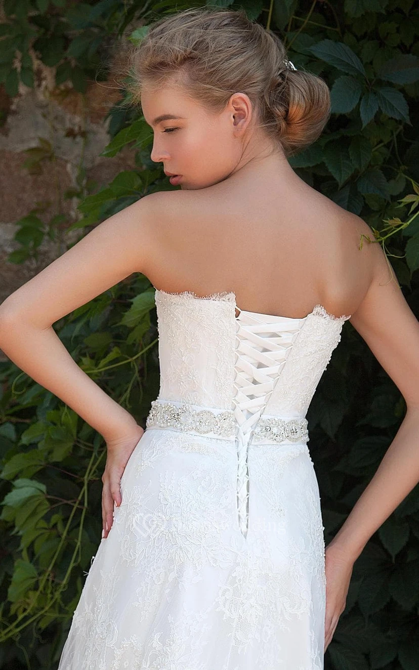 Sheath Long Sweetheart Sleeveless Corset-Back Lace Dress With Appliques And Waist Jewellery view 4