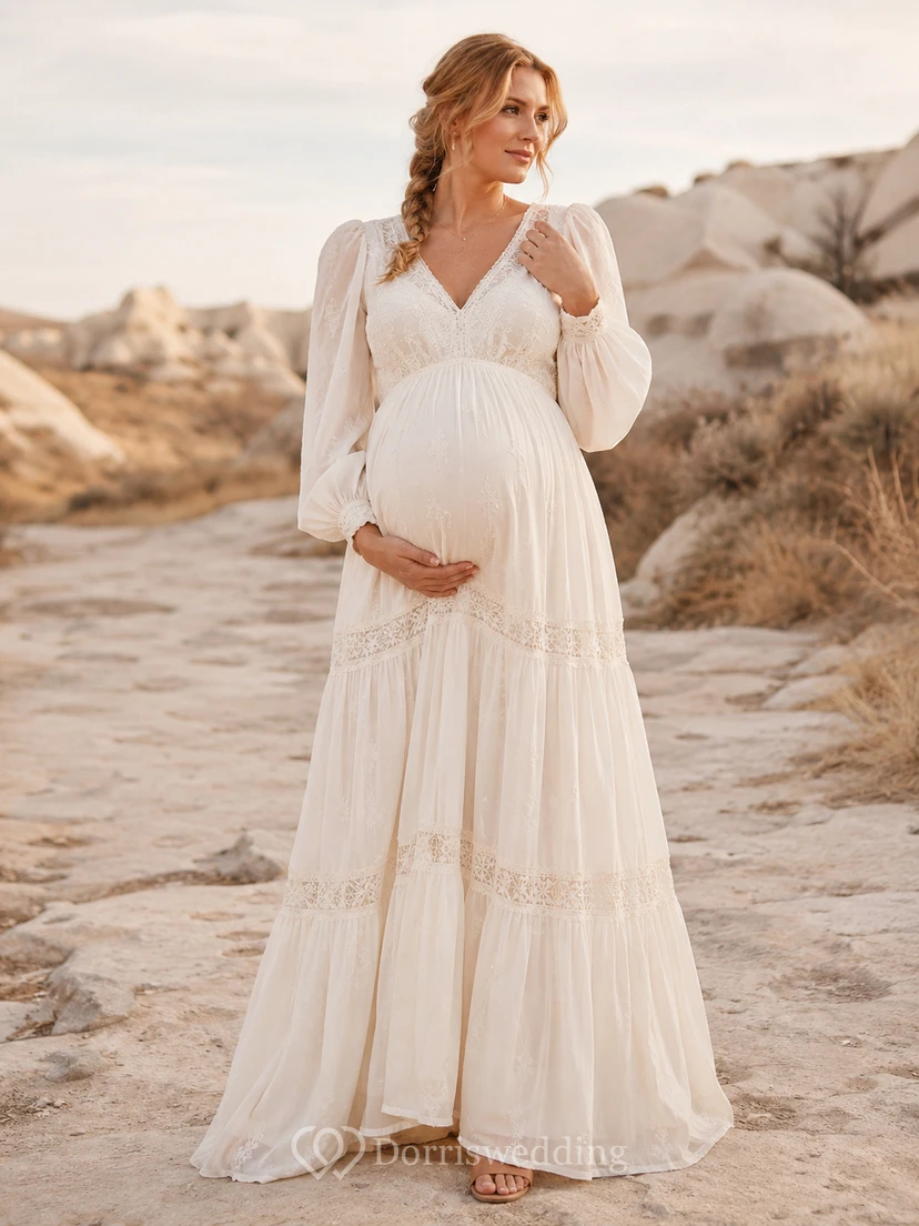 Long Poet Sleeve Boho Maternity Wedding Dress V-Neck Tiered Bridal Gown
