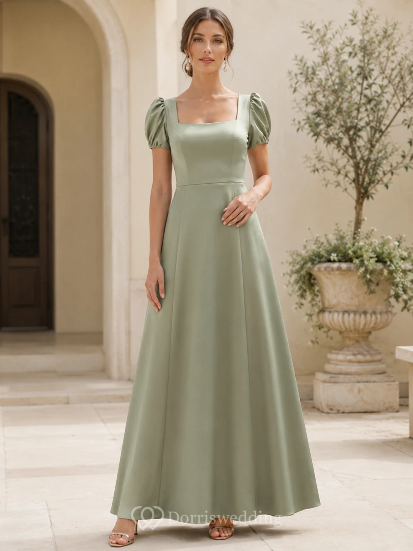 Celadon Satin Square Neck Puff Sleeve Floor Formal Dress Low-V Back Zipper