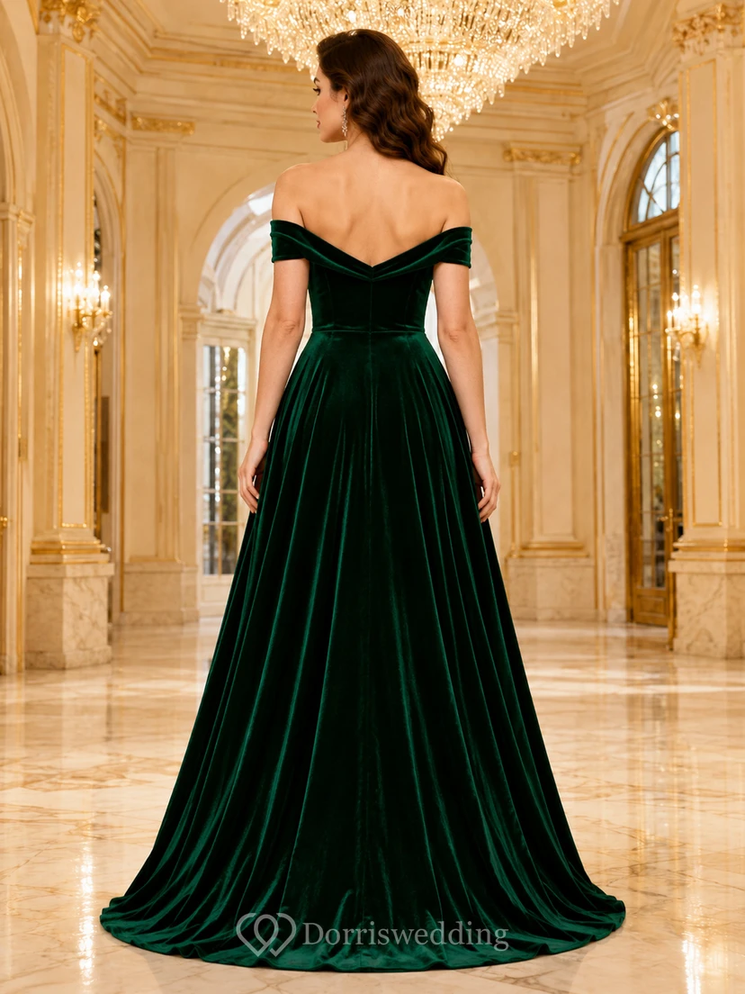 Emerald velvet off shoulder A-line musical theater gown view 2