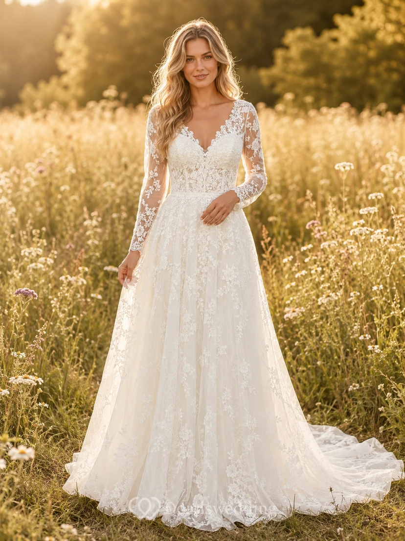Robe de mariée bohème en dentelle à manches longues, coupe trapèze, style prairie