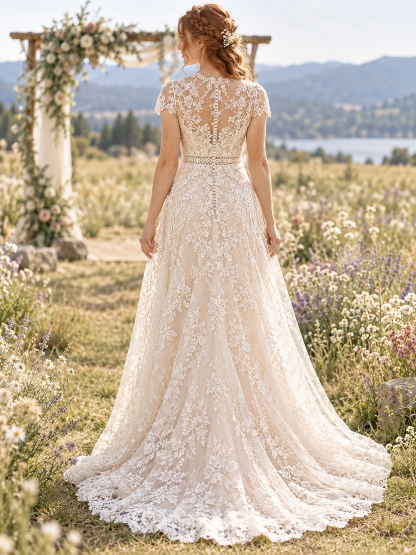 Boho High Neck Cap Sleeve Floral Lace Sheath Wedding Dress view 2
