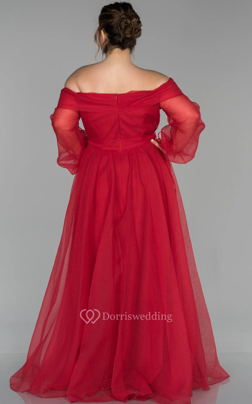 V-neck Puff-sleeve Pleated Empire A-line Evening Plus Size Dress with V Back view 4