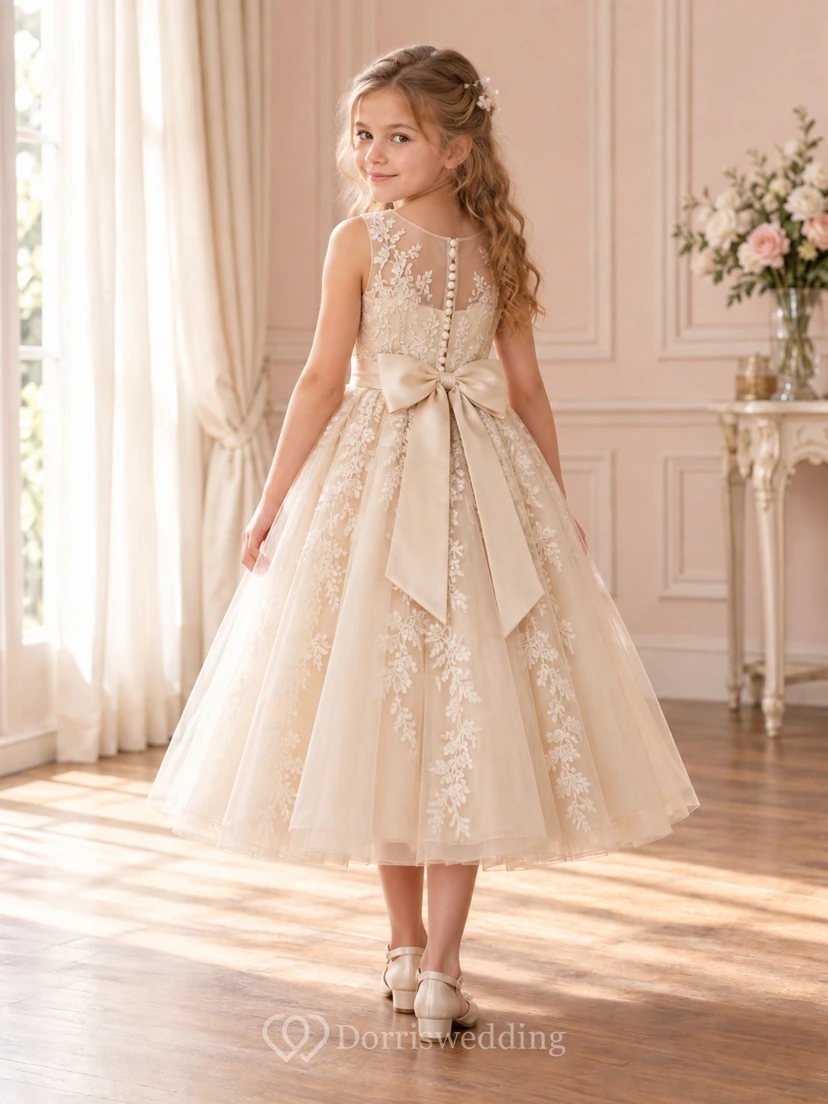 Tea-length Champagne Floral A-line Tulle Sleeveless Illusion-Neck Bow-back Flower Girl Dress view 2
