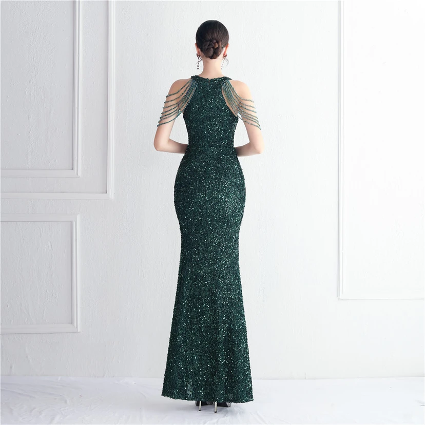 Heavy-Duty Glass Bead Craft Beaded Banquet Evening Dress Temperament Elegant Long Halter Neck Slit Sequins view 26