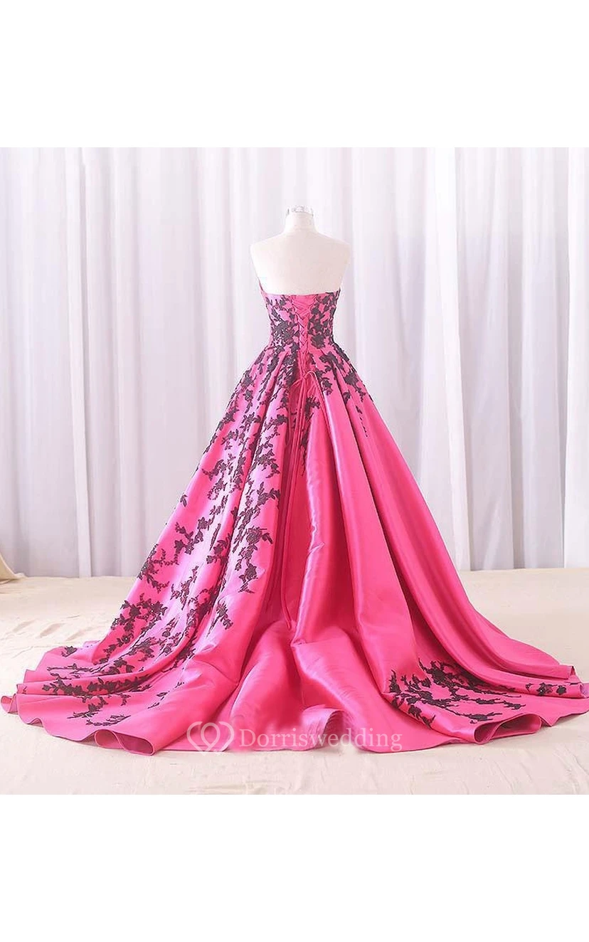 A-Line Floor-Length Sweetheart Appliques Chapel Train Zipper Corset Back Lace Satin Dress view 14