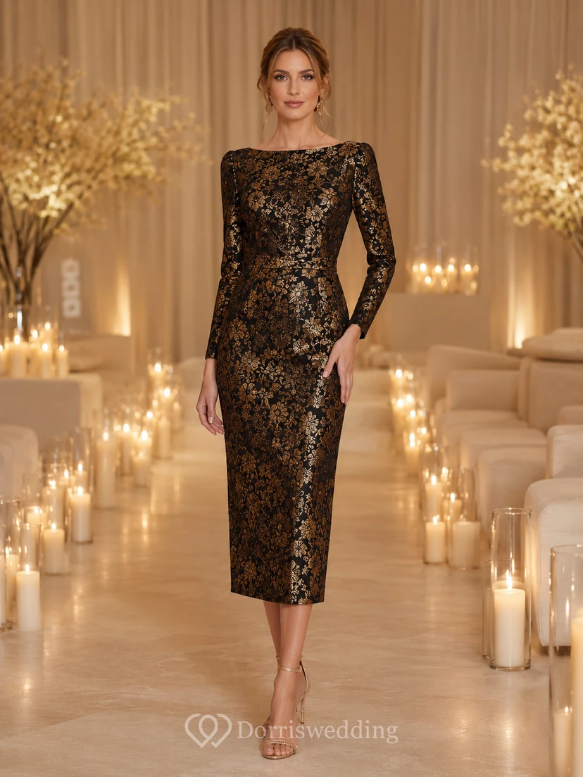 Vestido midi de invitada con escote barco y mangas largas de brocado en negro y dorado