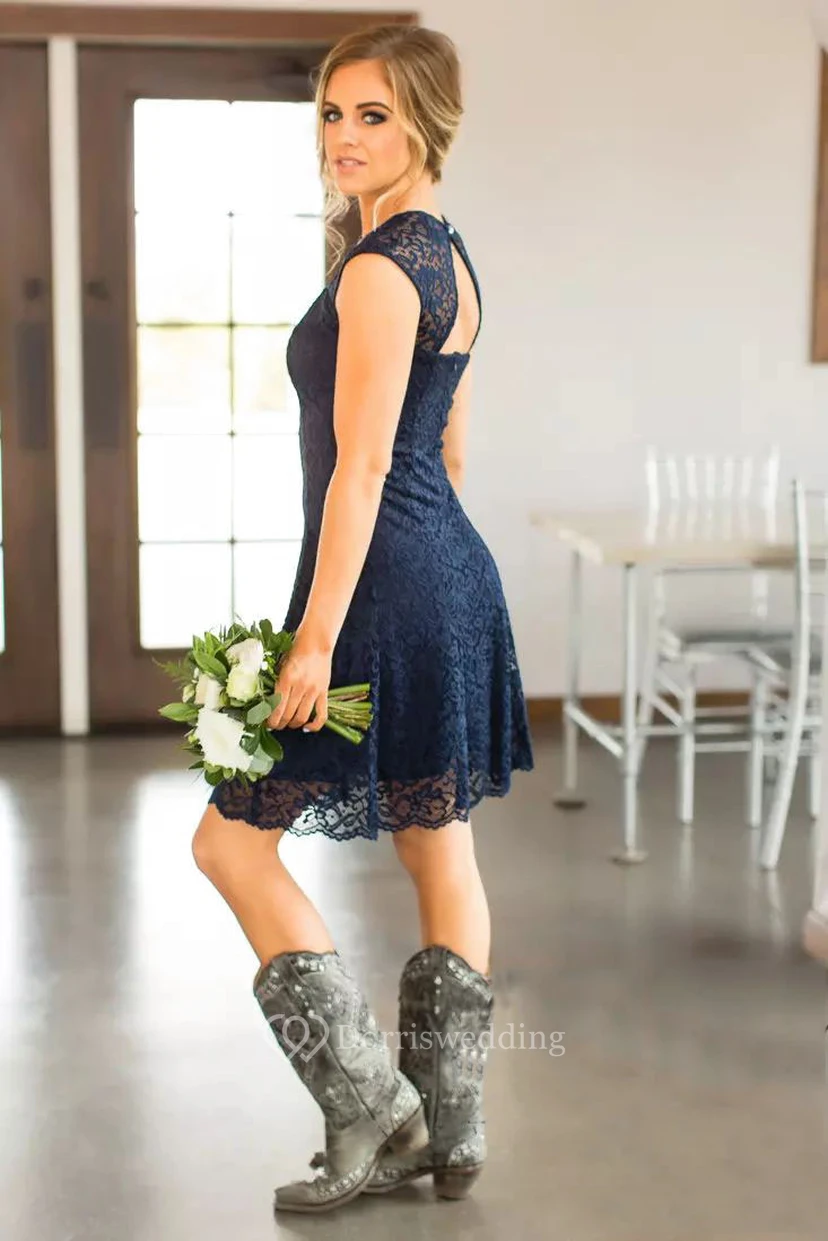 Romantic Adorable Short Mini Sheath Square Lace Simple Sleeveless Keyhole Blue Bridesmaid Dress view 4