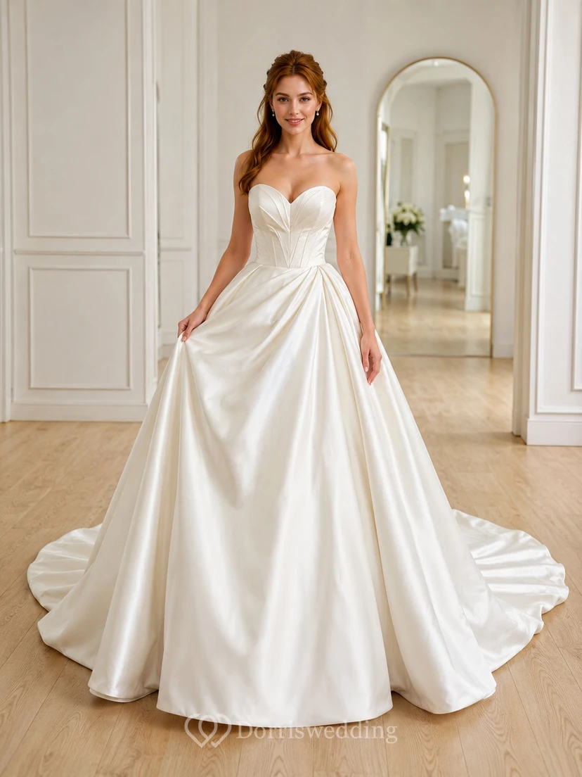 Vestido de novia minimalista de satén, estilo princesa, sin tirantes, con escote corazón y cola larga.