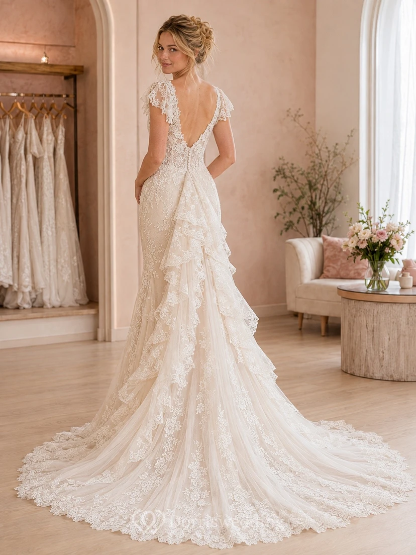 A-Linien-Brautkleid mit Spitze, Rüschen und Schleppe (formell) view 2