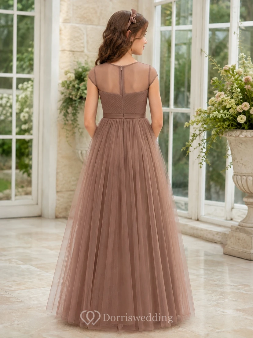 Taupefarbenes Brautjungfernkleid für junge Brautjungfern, A-Linie, herzförmiger Schnitt, kurze Ärmel, gerafft, romantisch view 2