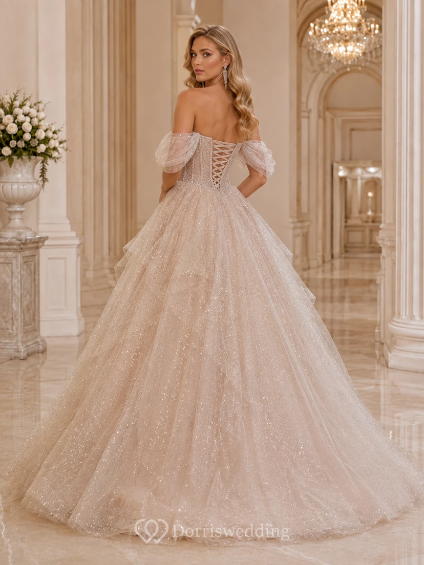Robe de bal de princesse de luxe couleur champagne, épaules dénudées, manches bouffantes, tulle cristal, quinceañera view 2