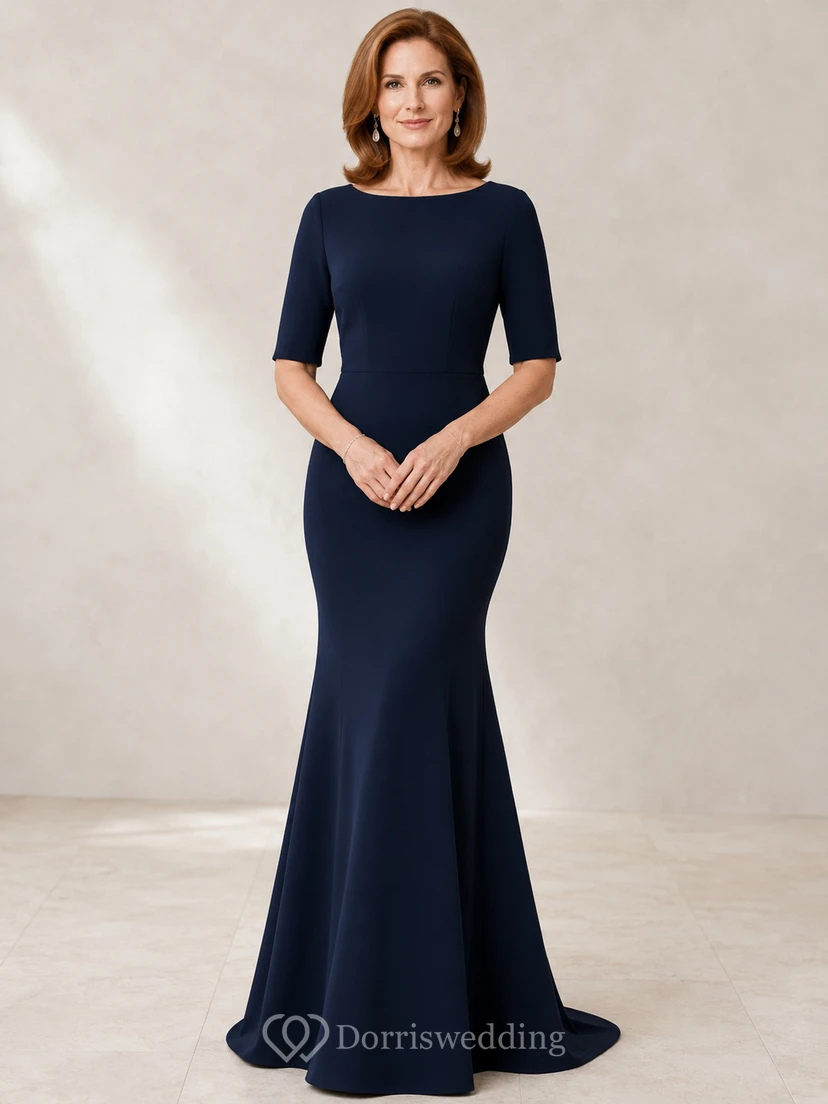 Dark Navy Mature Bateau Half Sleeve Mermaid Evening Gown