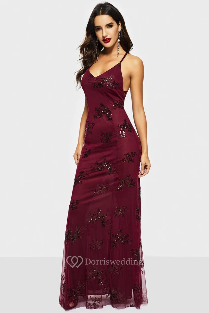 V-neck Sleeveless Sexy Sheath Tulle Gown With Straps And Sequin Appliques view 3