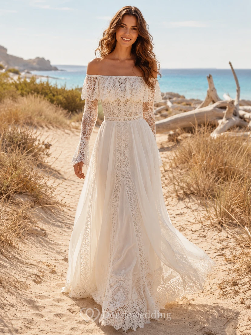 Boho-Hochzeitskleid im ibizenkischen A-Linien-Stil mit schulterfreiem Oberteil und langen Häkelärmeln und