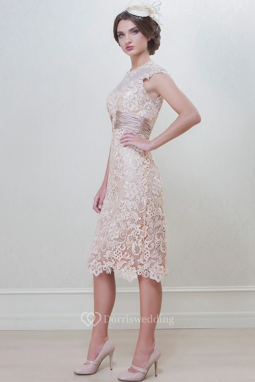 Pencil Knee-Length High Neck Appliqued Cap Sleeve Lace Mother Of The Bride Dress view 3