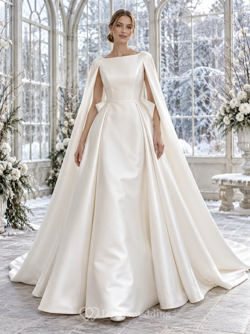 Vestido de novia sencillo de invierno con escote barco, sin mangas, de satén plisado con lazo y capa, corte en A