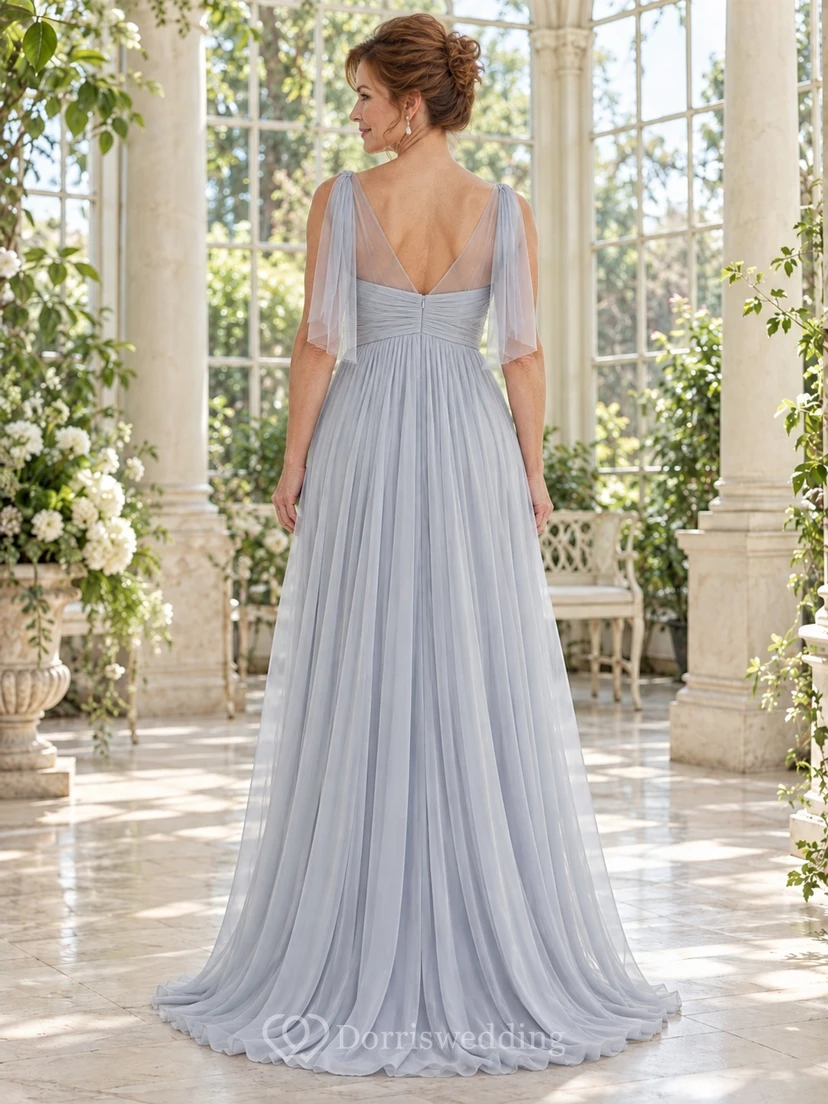 Vestido largo de gasa sin mangas con escote en V y corte en A, color azul niebla, estilo imperio, de Second Wedding. view 2