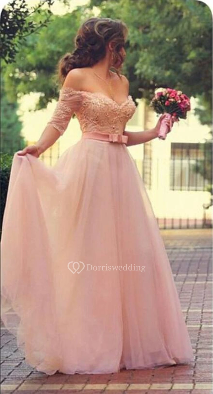 Lovely Princess Beadings Tulle Half Sleeves Long Prom Dress