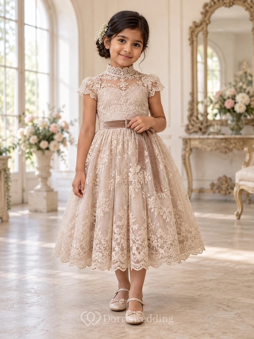 Tea-length High Neck Champagne Floral A-Line Lace Cap-Sleeve Bow-Back Flowergirl Dress