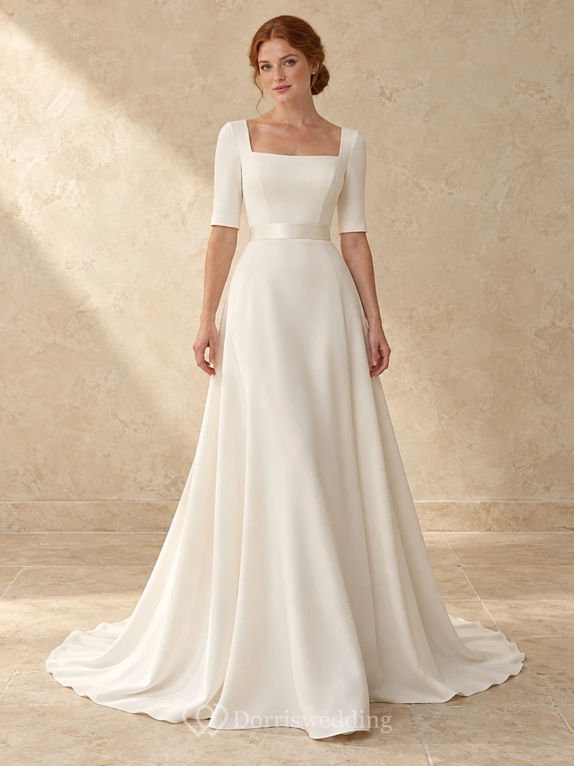 Simple Square Neck Half Sleeve A-Line Bridal Wedding Dress