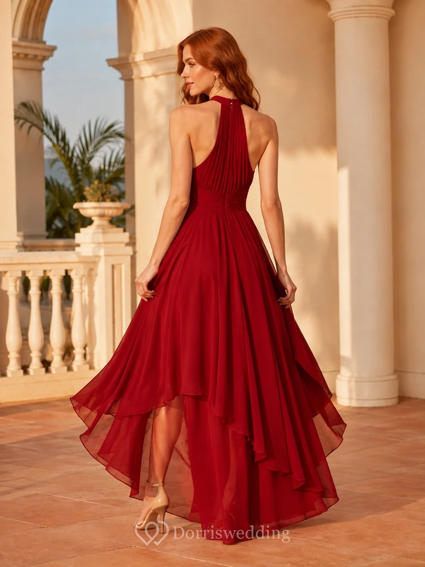 Sexy Red Chiffon High-Low Halter Pleated A-Line Evening Dress view 2