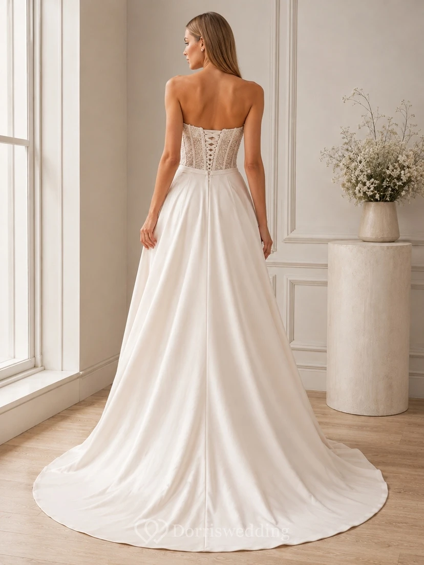 Two Modern Piece Sweetheart Satin Bridal Classic Wedding Dress view 2