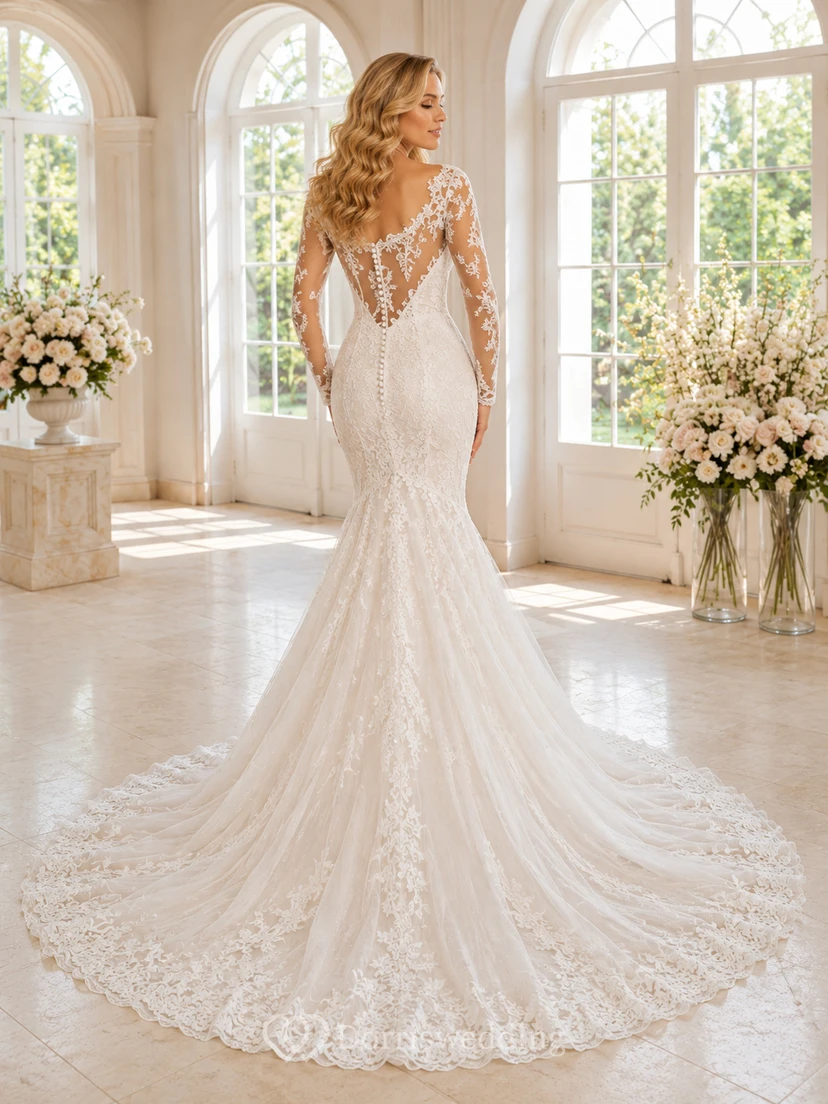 Robe de mariée sirène en dentelle raffinée, asymétrique, à une épaule et une manche, avec traîne chapelle et applications florales, dos nu plongeant en V. view 2