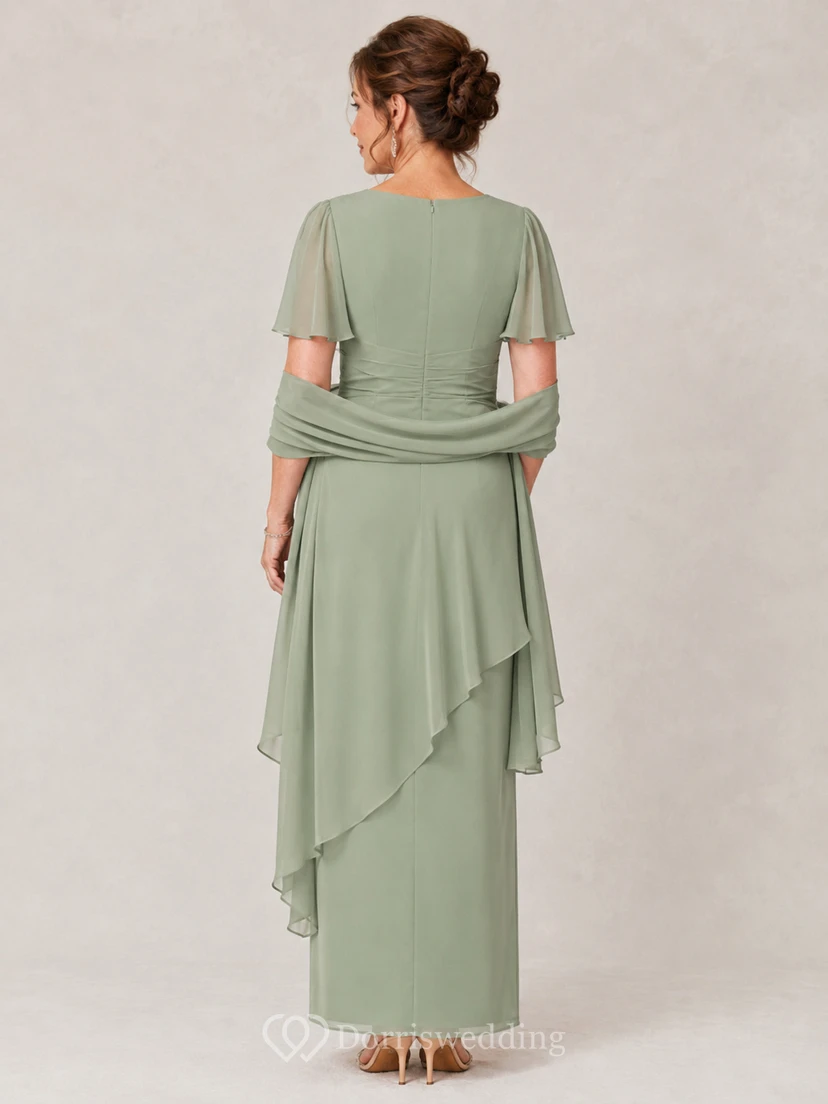 A-Linien-Chiffonkleid mit V-Ausschnitt, kurzen Ärmeln und Cape view 2