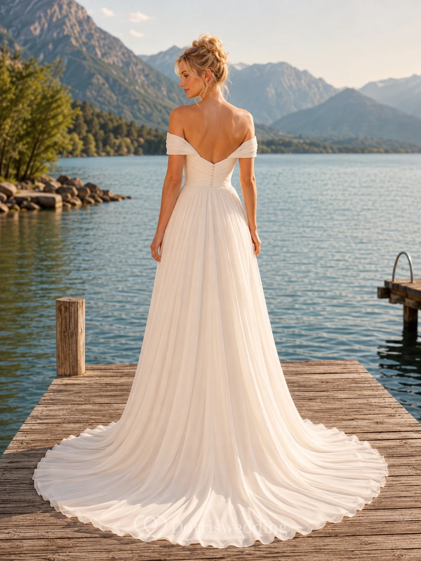 Strandhochzeitskleid aus Tüll, A-Linie, schulterfrei, Schleppe, Rüschenbesatz, tiefer V-Ausschnitt am Rücken view 2