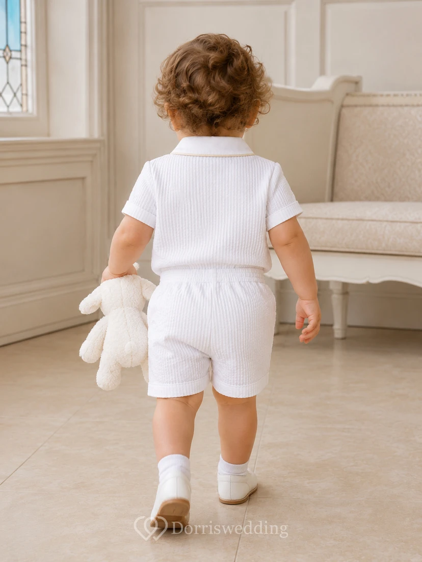 Traje corto de bautismo con cuello Peter y cruz blanca bordada para bebé niño view 2