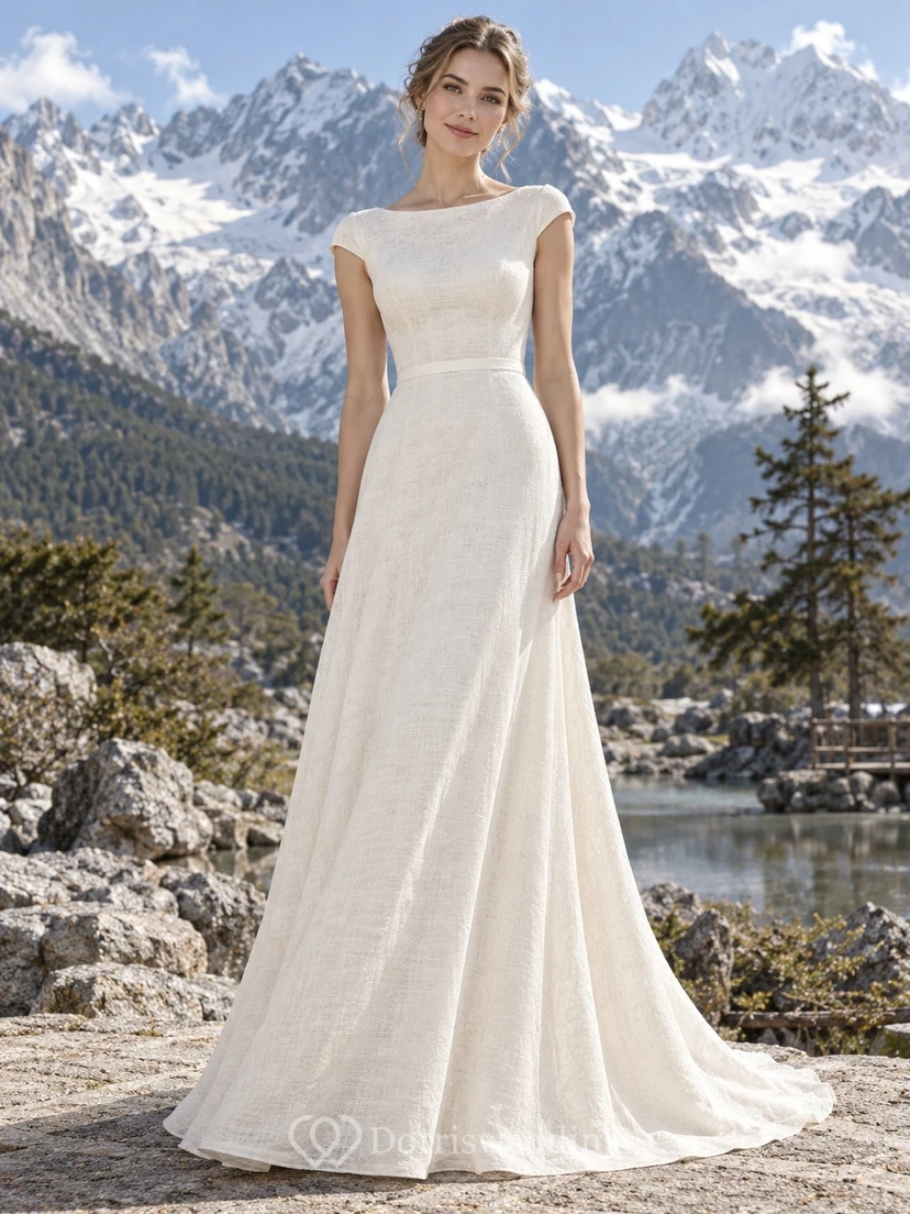 Schlichtes, elegantes, ärmelloses Brautkleid in A-Linie mit Schleppe und U-Boot-Ausschnitt.