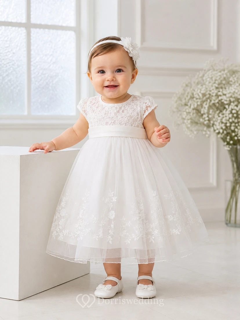 Modern Baby Baptism Christening Ceremony Dress A-Line Tea-Length Jewel Neck Cap Sleeve Tulle Lace Button Back
