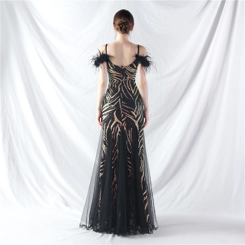 Crafted Ostrich Feather Stacked Sequins Splicing Mesh Gauze High-End Evening Dress Clothes view 16