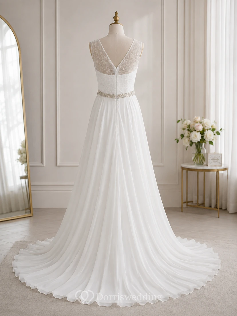 Empire-Chiffon-Brautkleid im griechischen Stil mit V-Ausschnitt, ärmellos und mit Perlenstickerei view 8