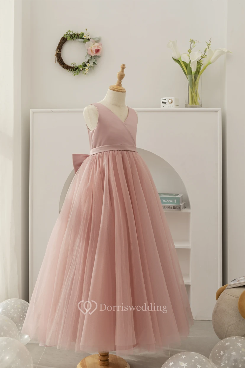 Water Melon V-neck Sleeveless A-line Tulle Pleated Flowergirl Dress view 13