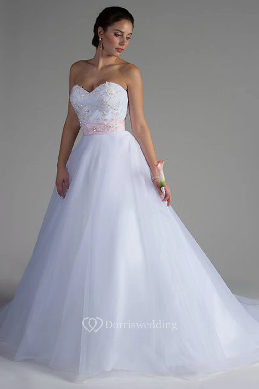 Crystal Applique Bodice Tulle Bridal Ball Gown With Pink Floral Sash