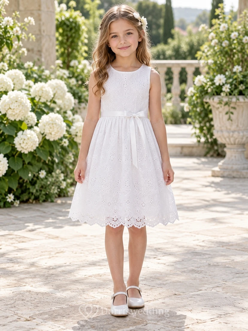 Vestido de niña de flores blanco, modesto, de corte A, con estampado floral y encaje, sin mangas y con borde festoneado, hasta la rodilla.