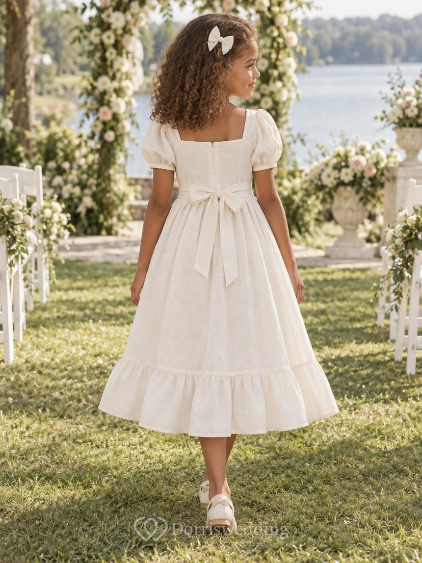 Tea-length Square Neck Country Ivory A-line Pintucked Puff-sleeve Ruffle-hem Flower Girl Dress view 2