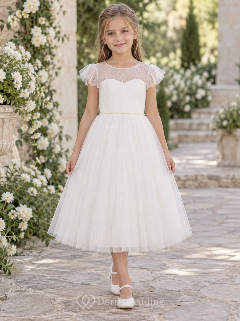 Tea-length Simple White Sweetheart Illusion Pleated Flutter Sleeve Pearl Waist A-Line Tulle Flowergirl Dress