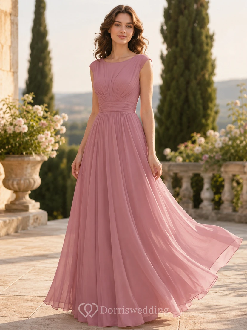 Dusty Rose Bateau Chiffon A Line Formal Dress