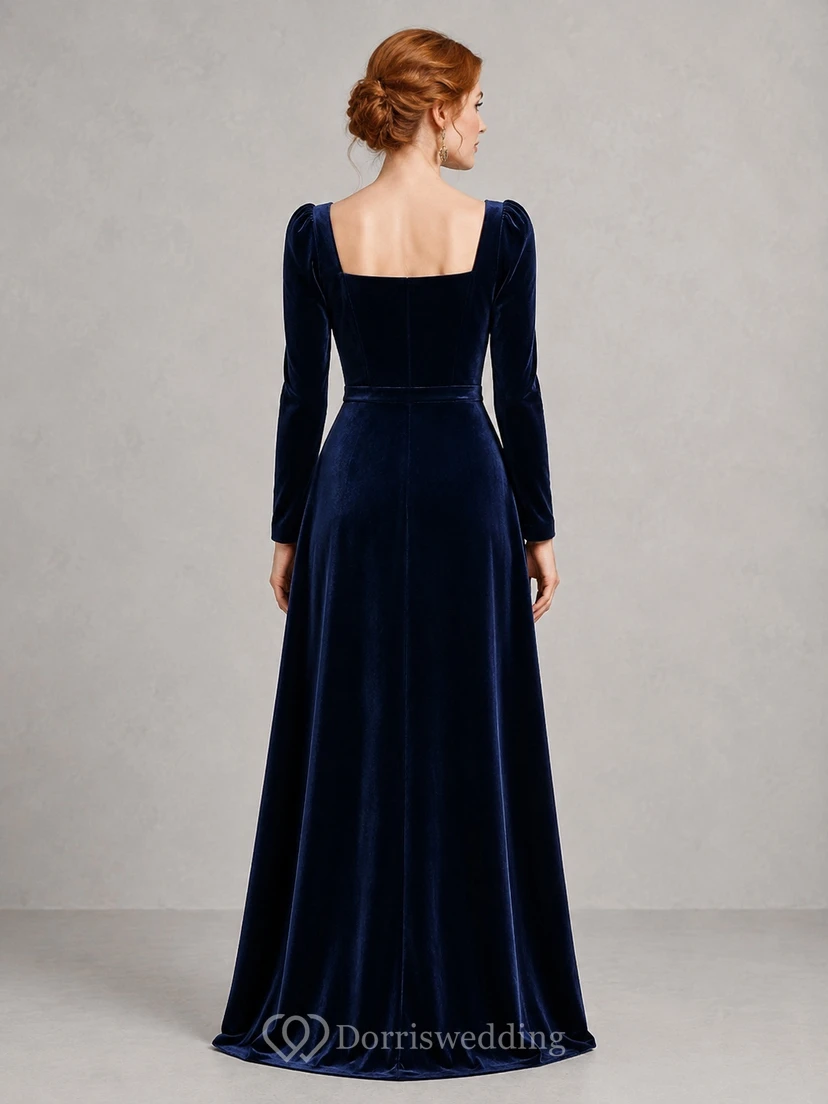 Modest Dark Navy Square Neck Long Sleeve Velvet A-Line Floor-Length Evening Gown view 2