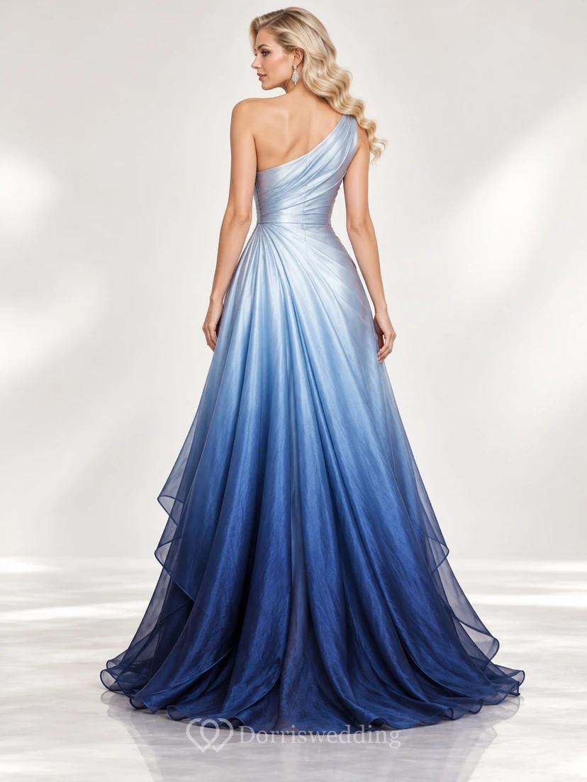 High-low Steel Blue Ombre One Shoulder Satin Formal Evening Gown view 2
