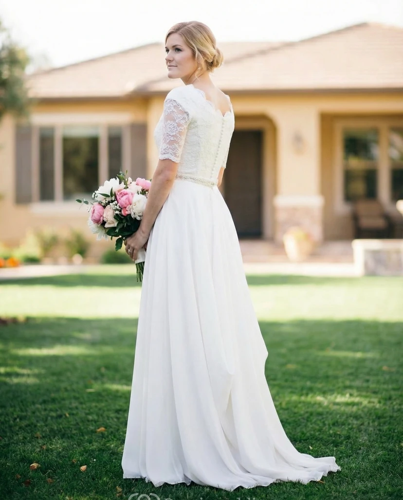 Halbärmeliges, schlichtes Brautkleid aus Spitze mit Perlen view 2