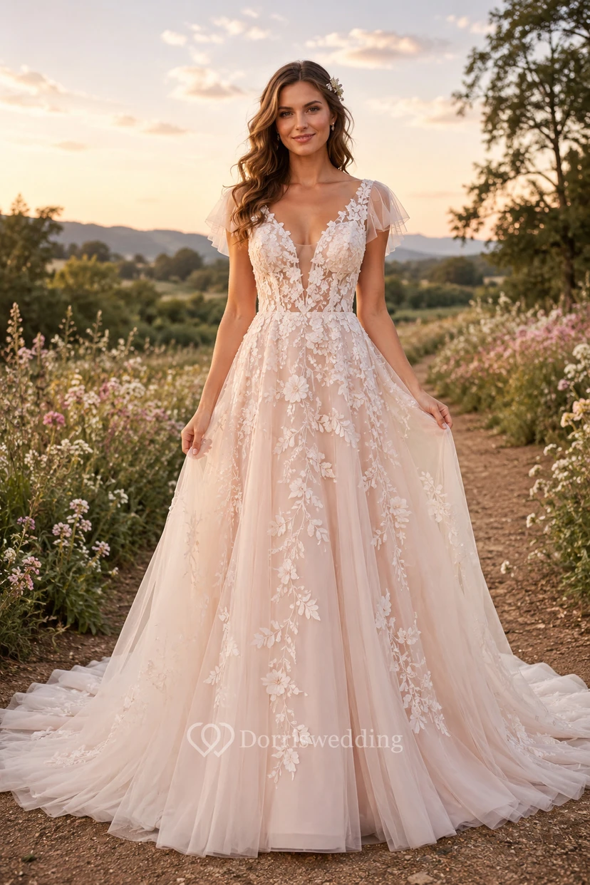 Vestido de novia de corte A con apliques en rosa empolvado y cola de tul